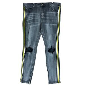 Thrt Jeans Men Size 36 Dark Gray Yellow Striped Ripped Distressed Skinny Denim